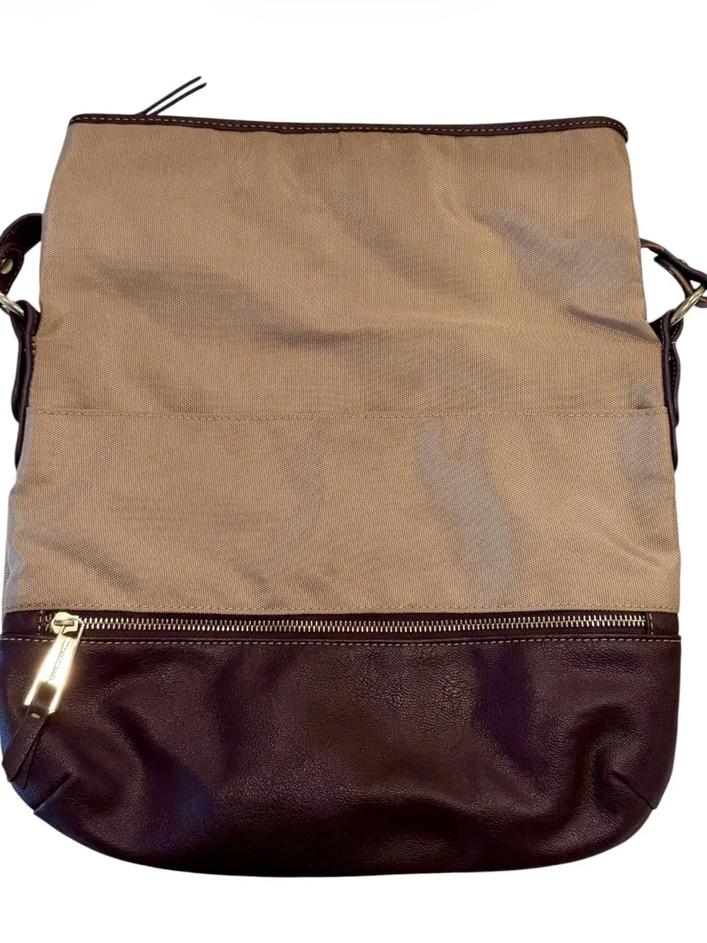 Vintage Franco Sarto Canvas Leather Fold Over Shoulder Bag in Beige/Dark Brown